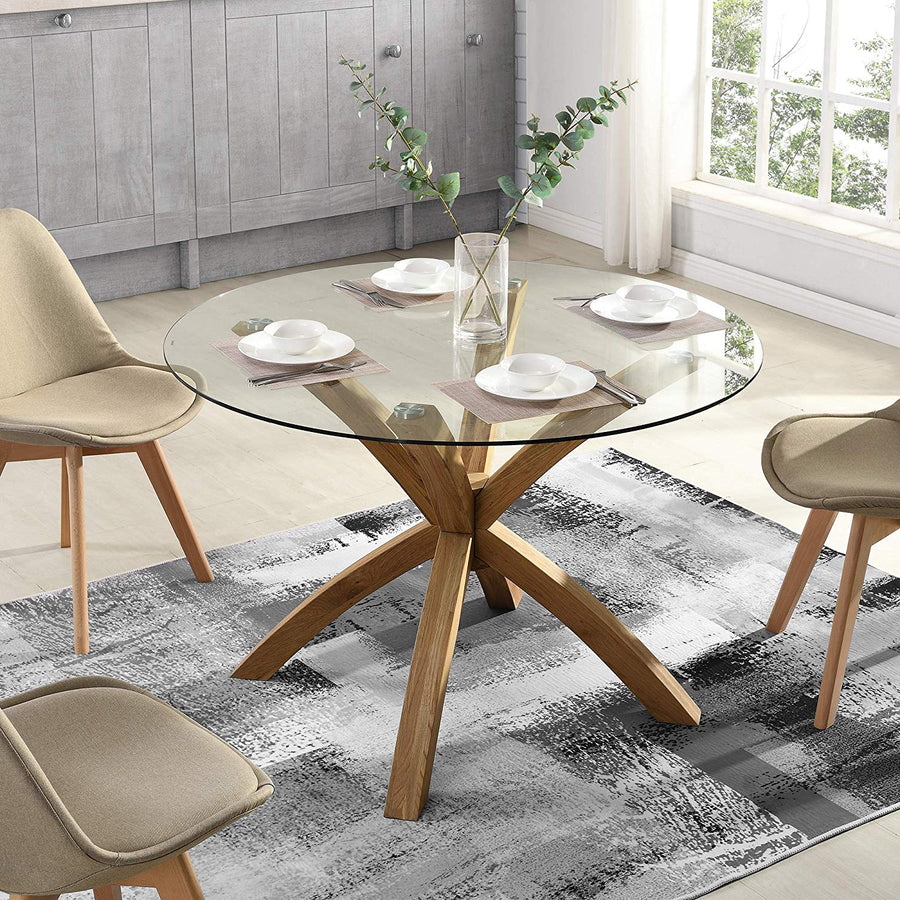 Lugano 110cm Round Glass Top Solid Oak Legs Dining Table