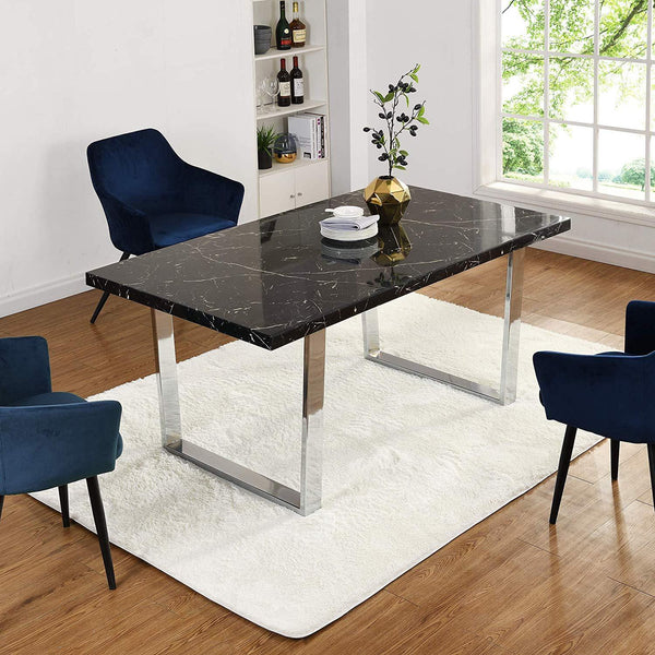 BIASCA 6-Seater High Gloss Marble Effect Dining Table with Silver Chrome Legs Black