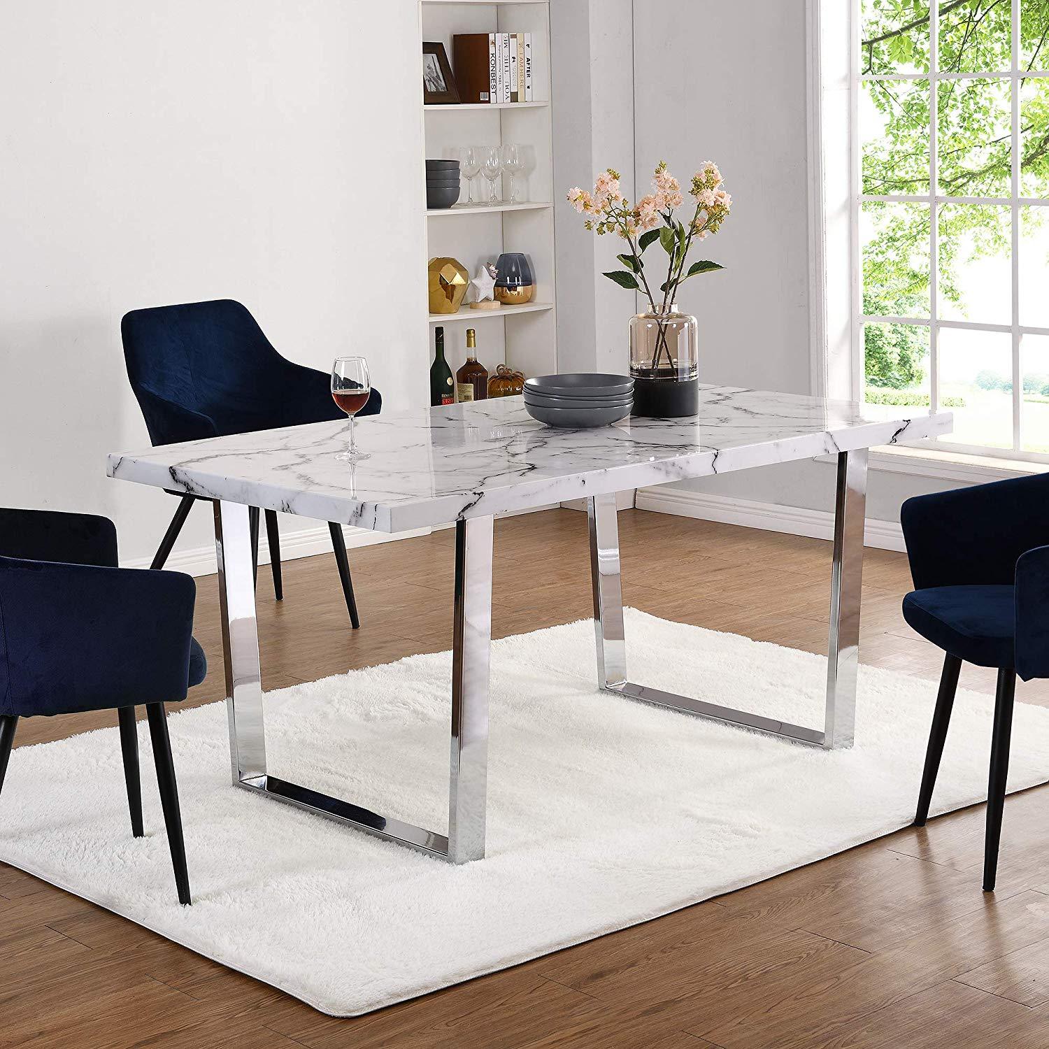 BIASCA 6-Seater High Gloss Marble Effect Dining Table with Silver
