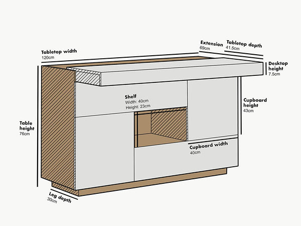 Yukon High Gloss White 2 in 1 Desk or Sideboard with Extendable Top