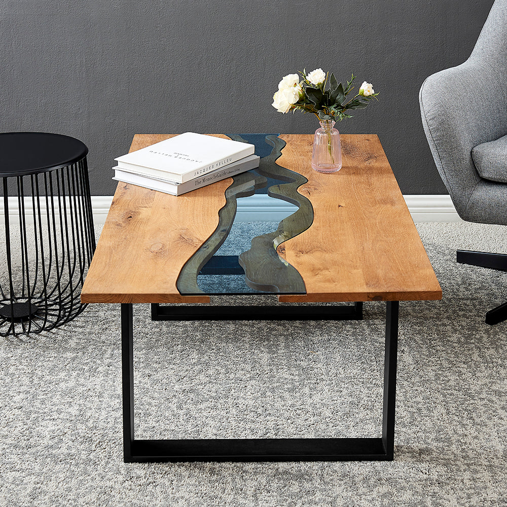 Kelonwa River Effect solid Oak and inset Glass Coffee Table