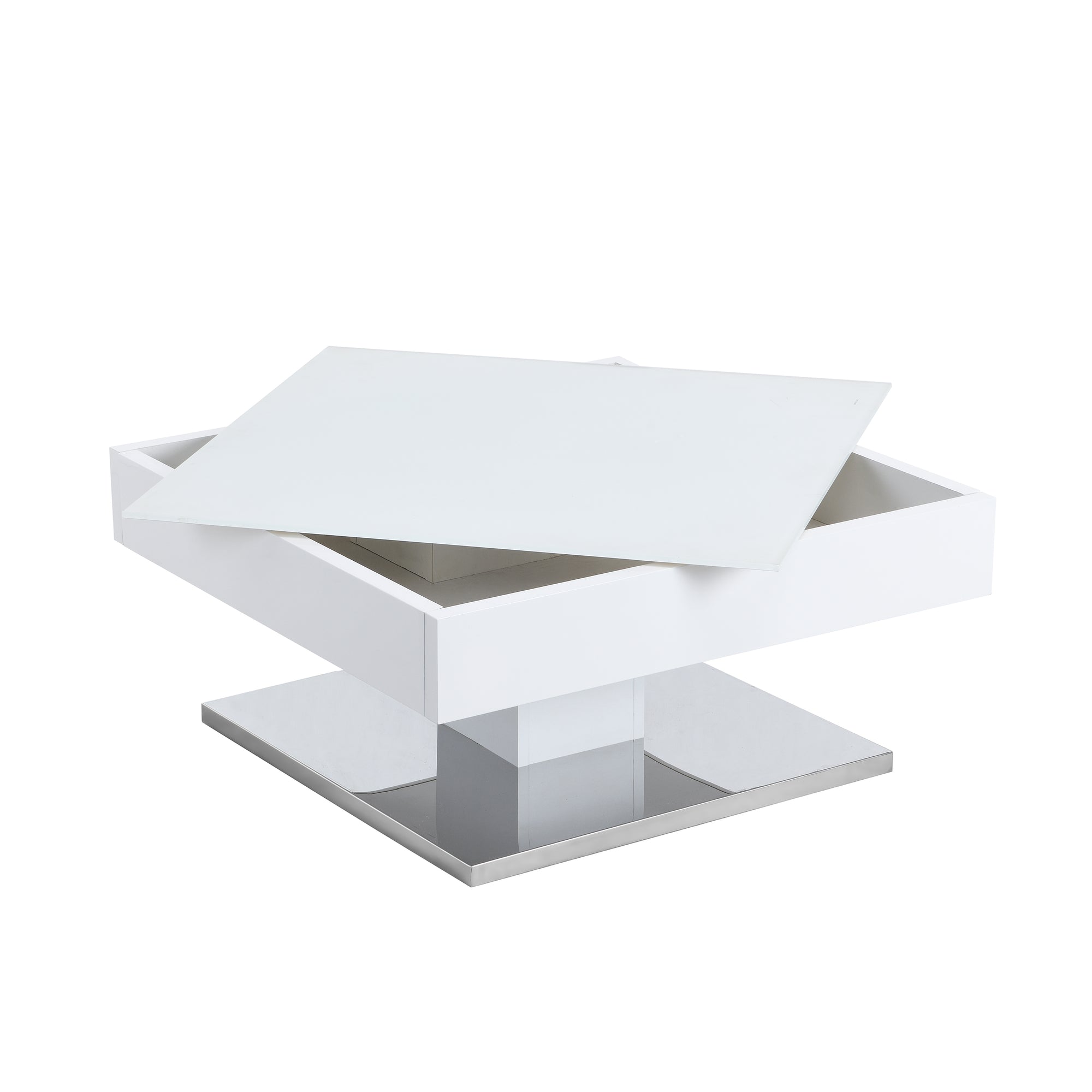 Finch White Swivel Frosted Glass Top Coffee Table with Stainless Steel Base