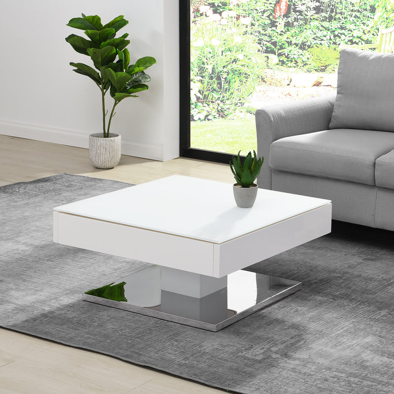 Finch White Swivel Frosted Glass Top Coffee Table with Stainless Steel Base