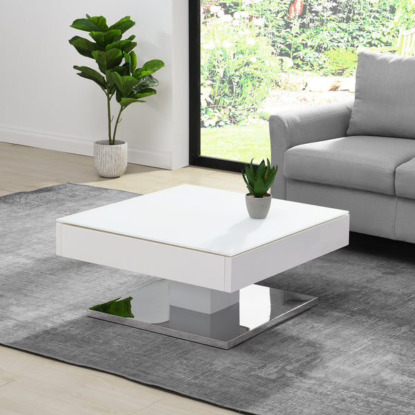 Finch White Swivel Frosted Glass Top Coffee Table with Stainless Steel Base