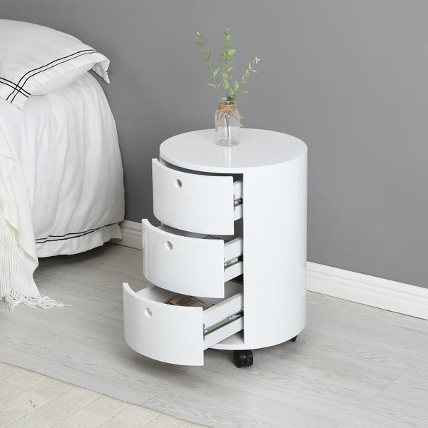 DOLIO Drum Chest Bedside Table, Barrel Side Table with Drawers High Gloss White 3 Drawer - daals