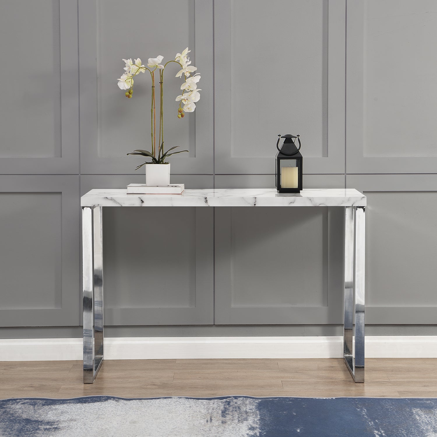 BIASCA High Gloss Marble Effect 120cm Console Table with Silver Chrome Legs