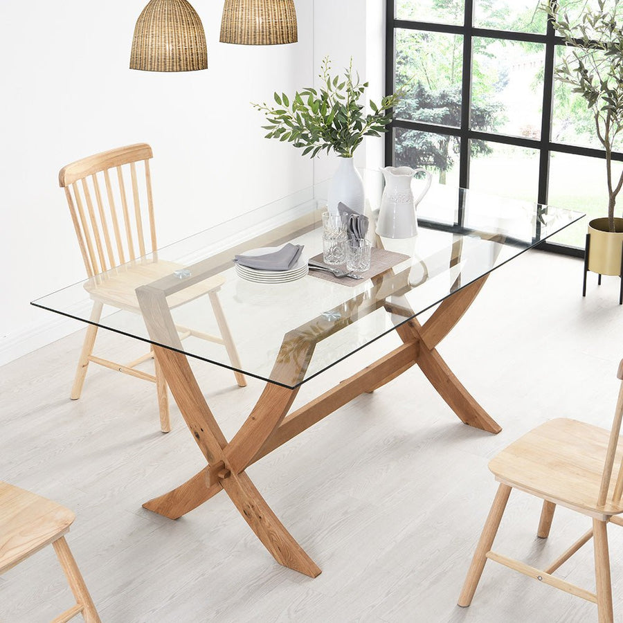 Lugano 160cm Rectangular Glass Top Solid Oak Legs Dining Table