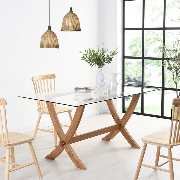 Lugano 160cm Rectangular Glass Top Solid Oak Legs Dining Table