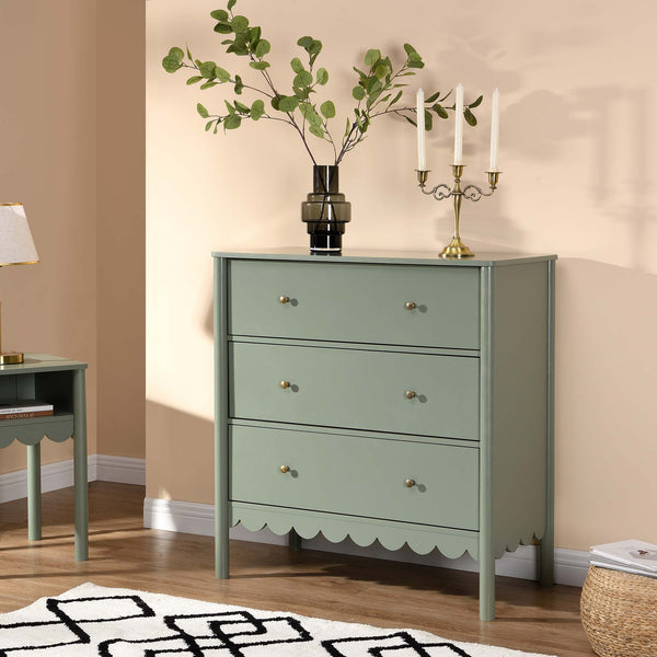 Henley Sage Green Scalloped Edge 3 Drawer Chest daals