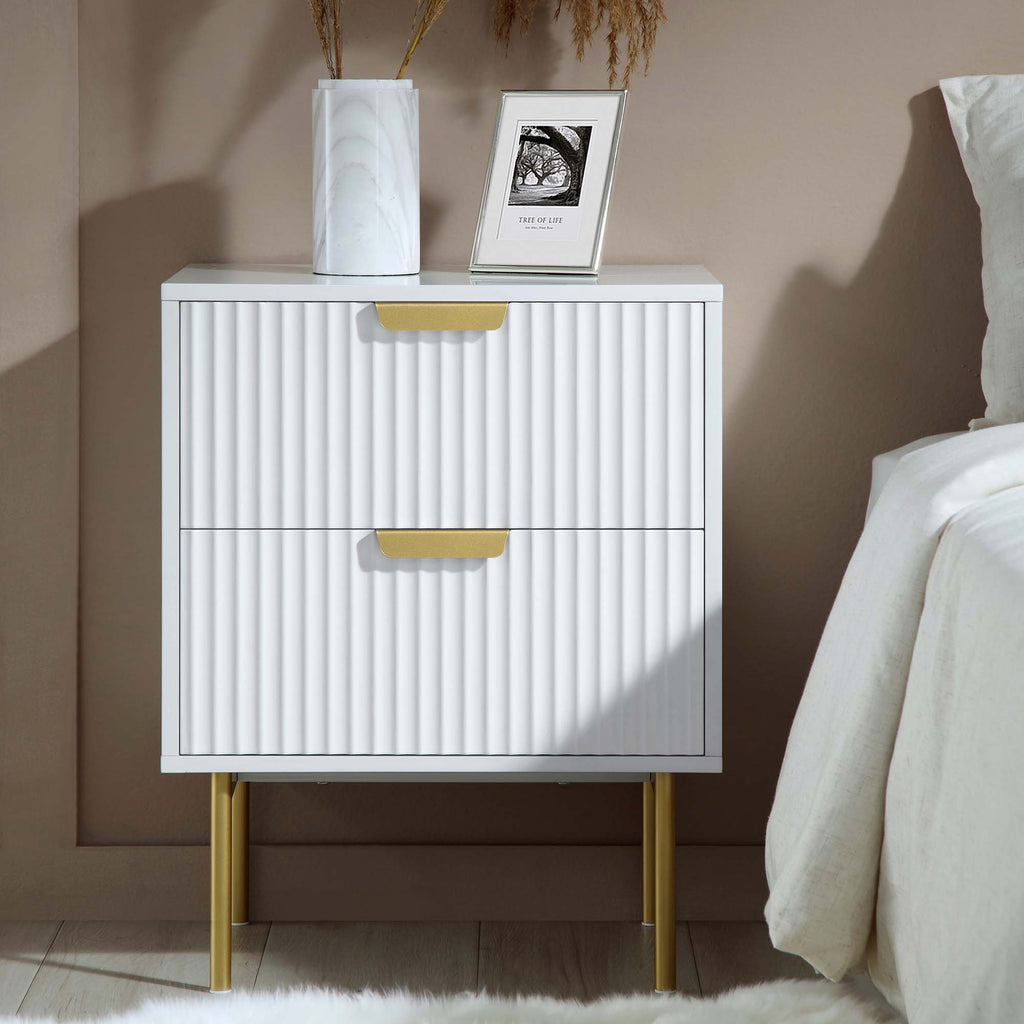 White Ribbed Rounded Bedside Table Perth Richmond Ridged 2 Drawer Bedside Table, Matte White | daals