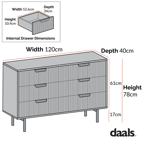 Richmond Ridged Wide Chest of 6 Drawers, Dark Ash