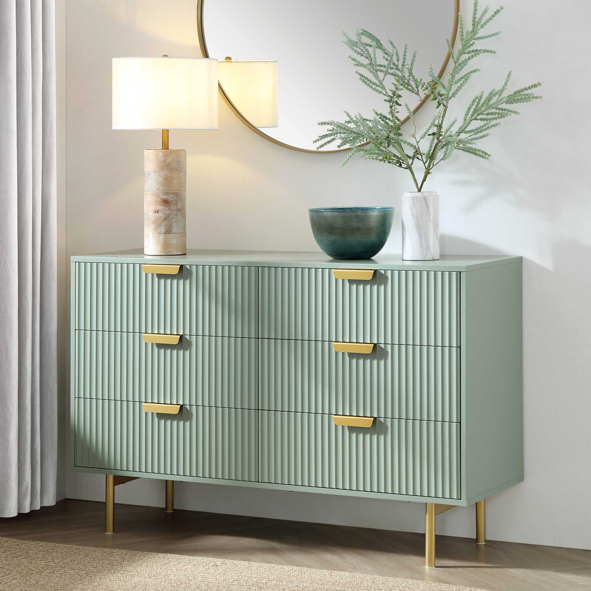 Richmond Ridged Wide Chest of 6 Drawers, Matte Sage Green | daals