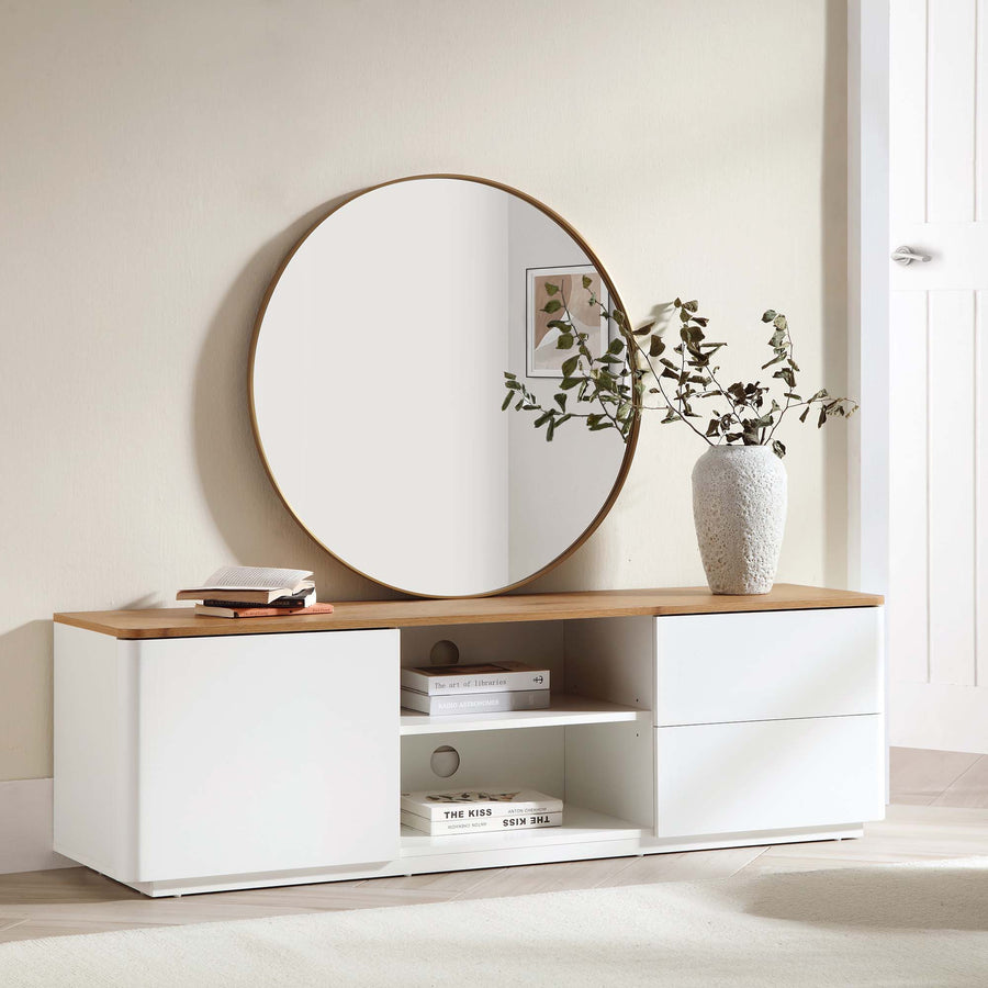 Agnes Curved Edge 150cm Wide TV Unit, Off White with Oak Top