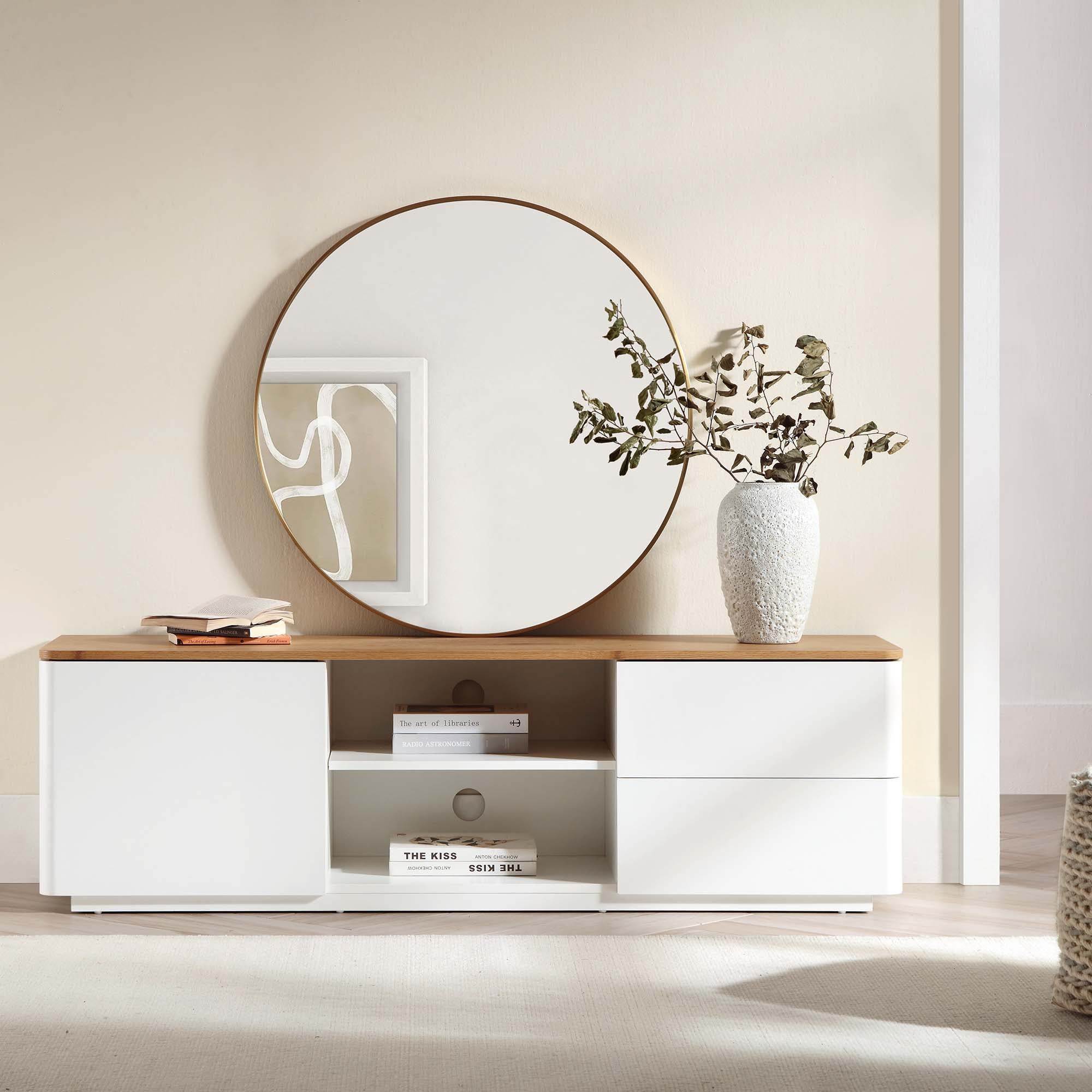 Agnes Curved Edge 150cm Wide TV Unit Off White With Oak Top Daals agnes-curved-edge-150cm-wide-tv-unit-off-white-with-oak-top-daals