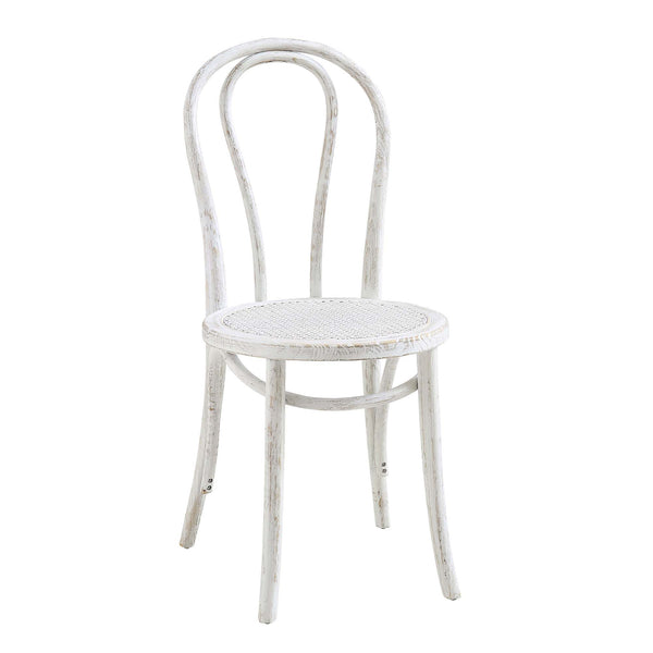 Camille Elm Wood and Rattan Bentwood Dining Chair, Distressed White