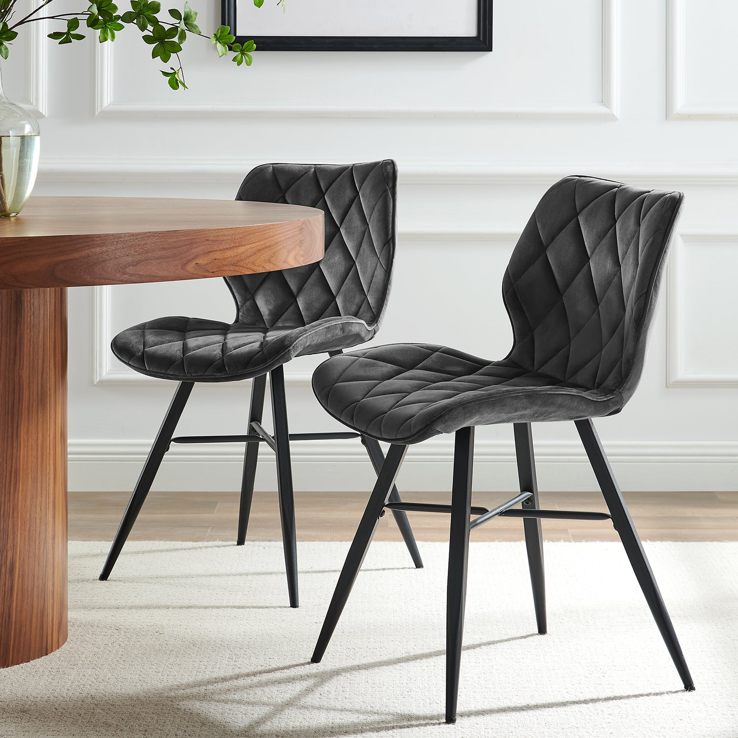 Set of 2 Ampney Velvet Diamond Stitch Dining Chairs with Metal Legs (Dark Grey Velvet)