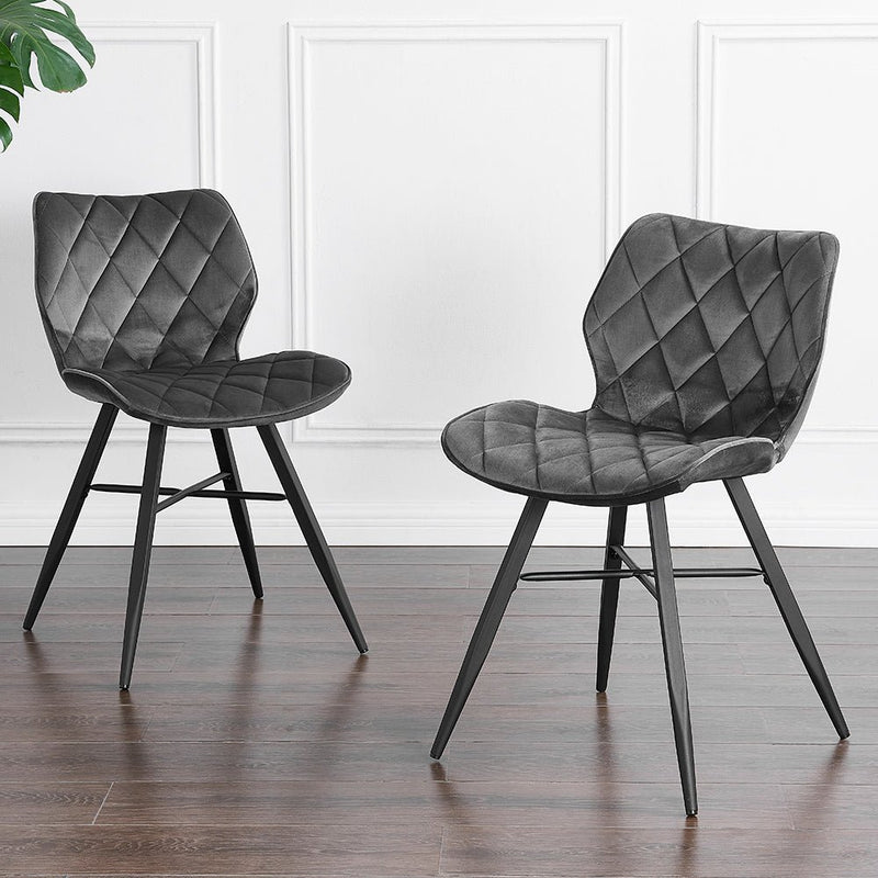 Set of 2 Ampney Velvet Diamond Stitch Dining Chairs with Metal Legs (Dark Grey Velvet)