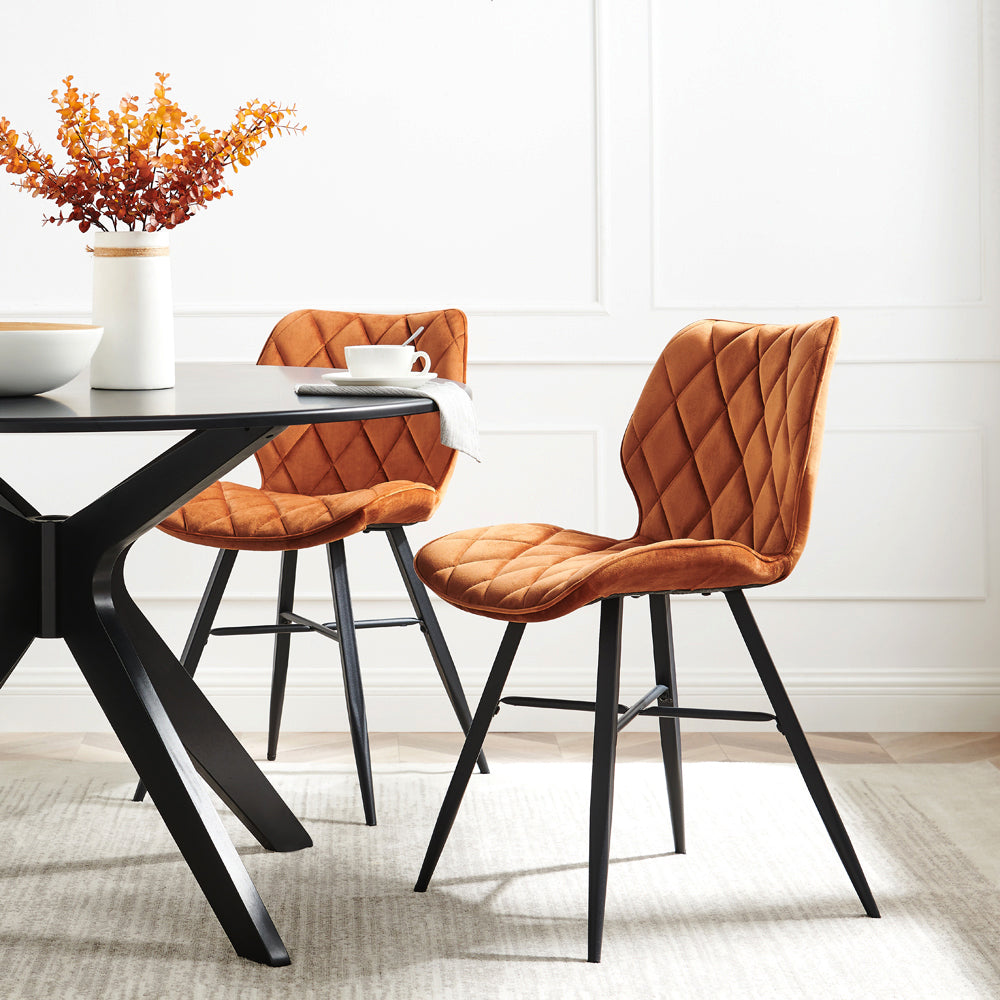 Set of 2 Ampney Diamond Stitch Orange Velvet Dining Chair Set of 2 with Metal Legs