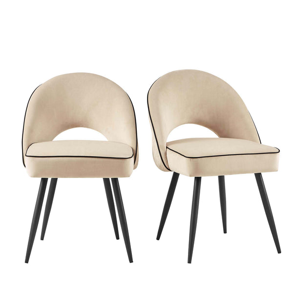 Oakley Set of 2 Champagne Velvet Upholstered Dining Chairs with Contrast Piping