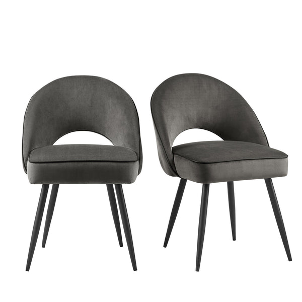 Oakley Set of 2 Dark Grey Velvet Upholstered Dining Chairs with Piping