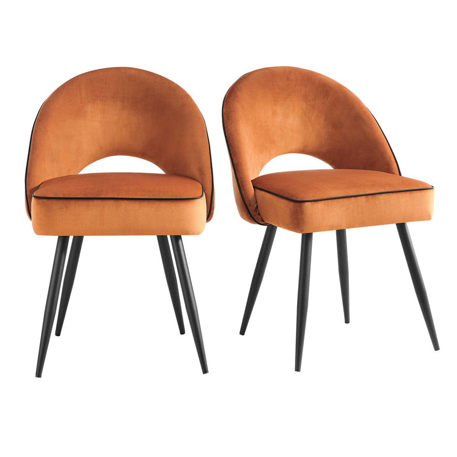 Oakley Set of 2 Orange Velvet Upholstered Dining Chairs with Contrast Piping