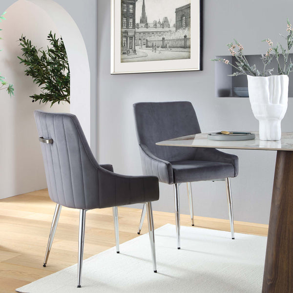 Garnet Set of 2 Dark Grey Velvet Upholstered Dining Chairs with Back Handle