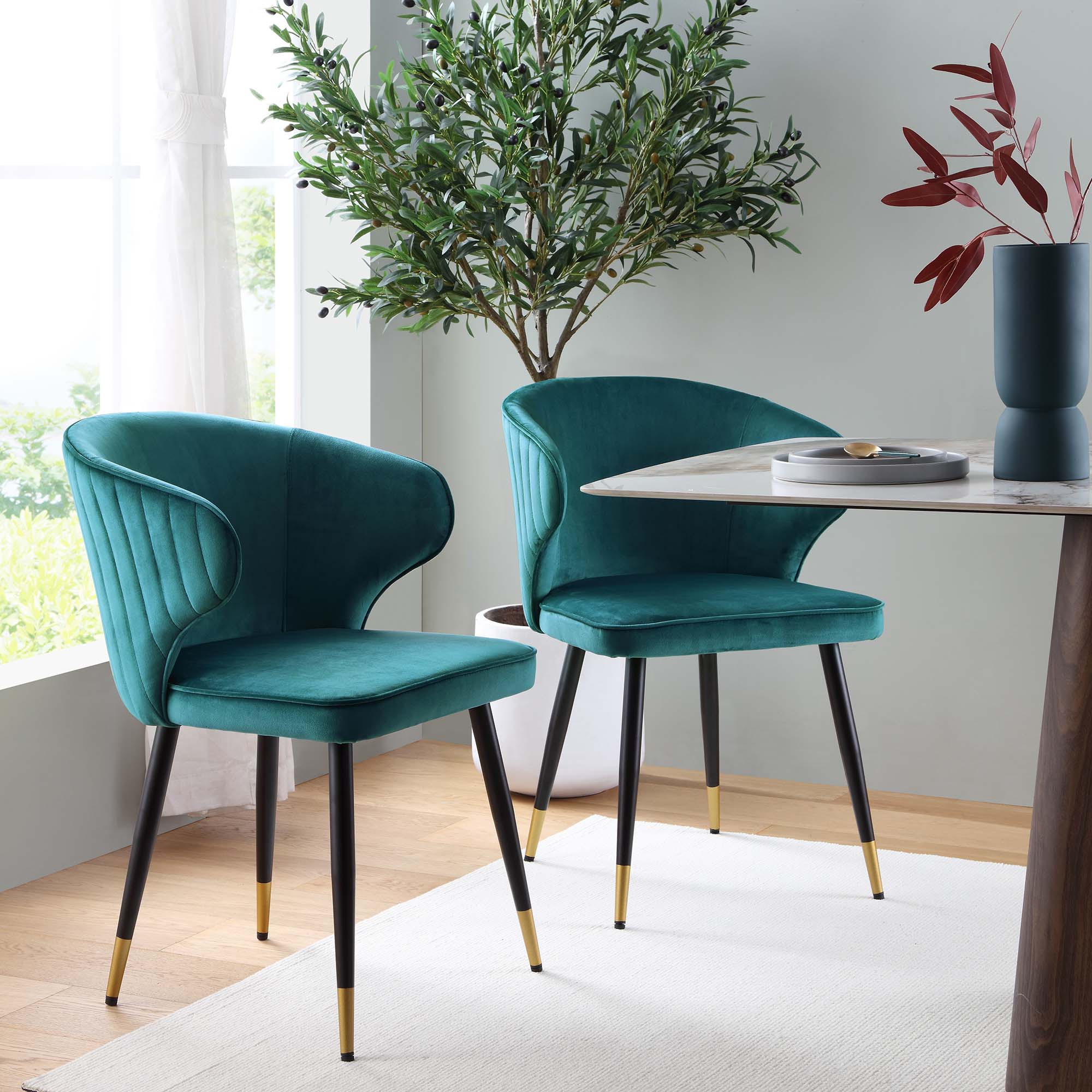 Langham Set of Teal Velvet Upholstered Carver Dining Chairs daals