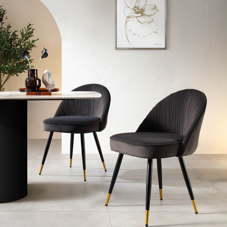 Miyae Set of 2 Pleated Charcoal Velvet Upholstered Dining Chairs
