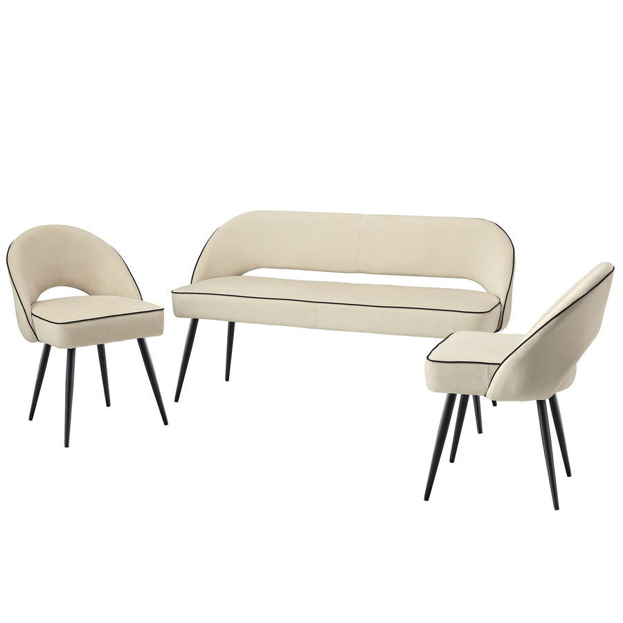 Oakley Champagne Velvet Upholstered 3 Seater Dining Bench with Contrast Piping