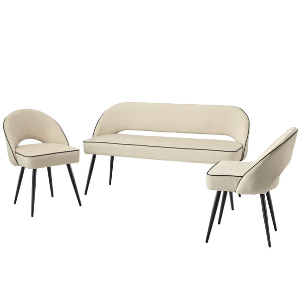 Oakley Champagne Velvet Upholstered 3 Seater Dining Bench with Contrast Piping