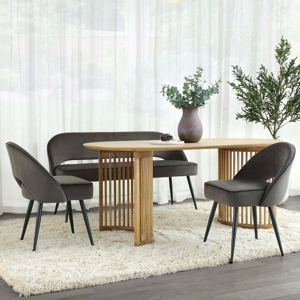 Oakley Dark Grey Velvet Upholstered 3 Seater Dining Bench with Contrast Piping