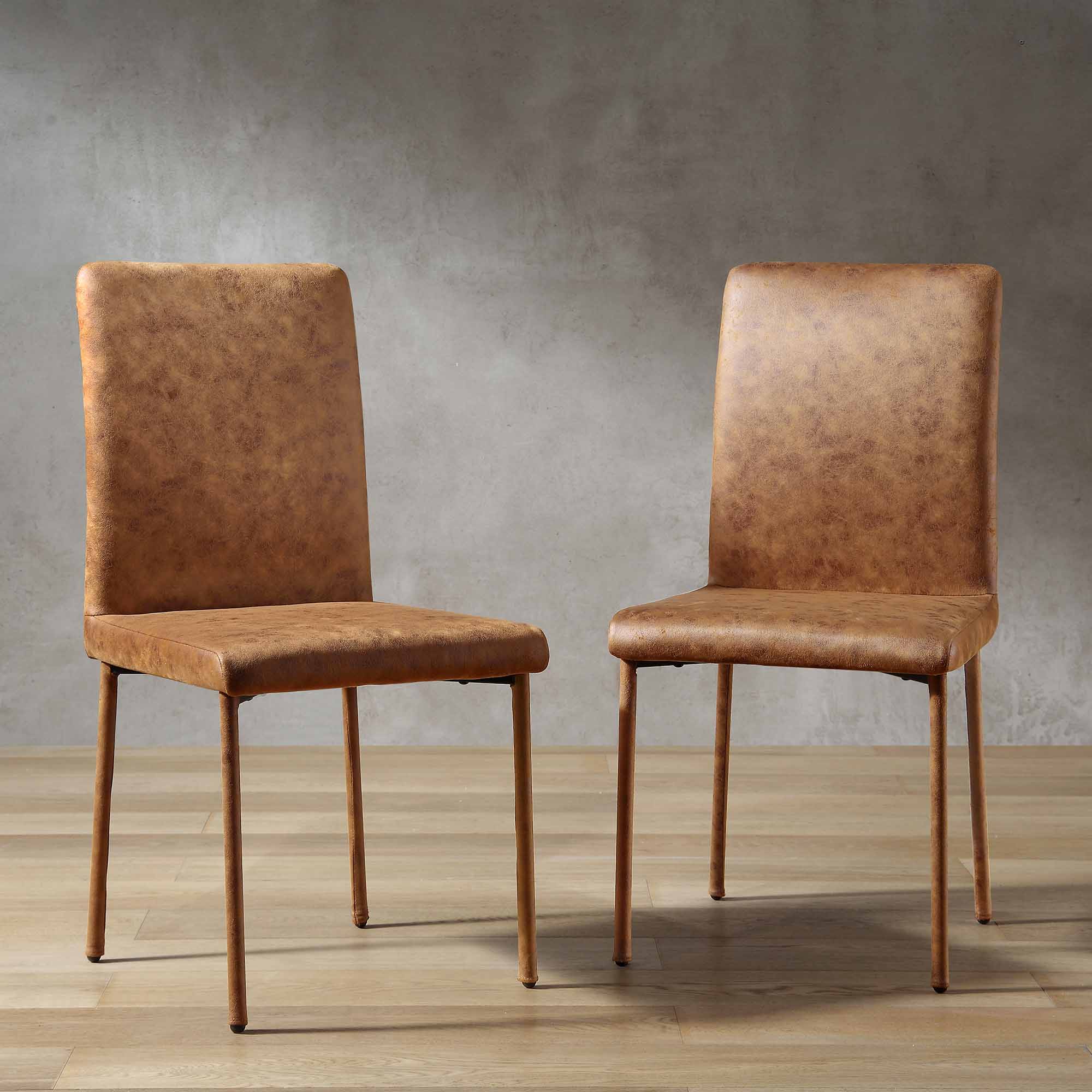 Fernie Set of 2 Cognac Vegan Leather Dining Chairs with Upholstered Legs