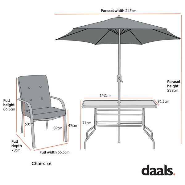 Champneys 6-Seater Steel and Fabric Outdoor Patio Dining Set with Crank Parasol, Taupe