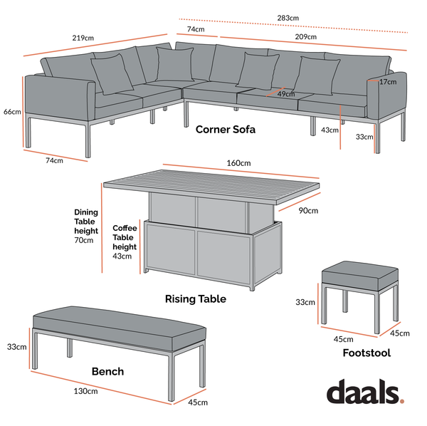 Calabasas Large Outdoor Fabric and Aluminium Corner Casual Dining Set with Rising Table, Dark Grey