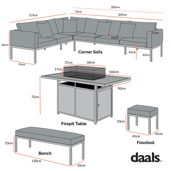 Calabasas Large Outdoor Fabric and Aluminium Corner Casual Dining Set with Firepit Table, Dark Grey