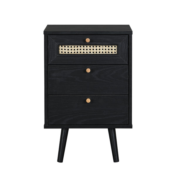 Anya Woven Rattan 3-Drawer Bedside Table in Black Colour