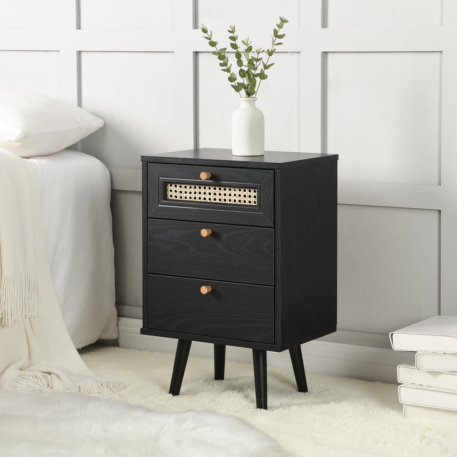 Anya Woven Rattan 3-Drawer Bedside Table in Black Colour | daals Anya Woven Rattan 3-Drawer Bedside Table in Black Colour | daals