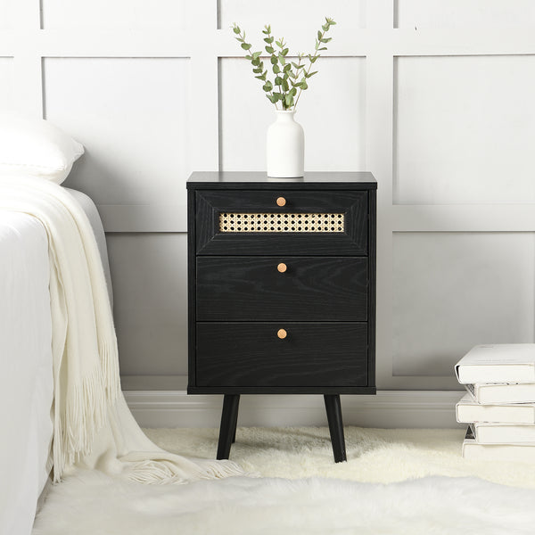 Anya Woven Rattan 3-Drawer Bedside Table in Black Colour