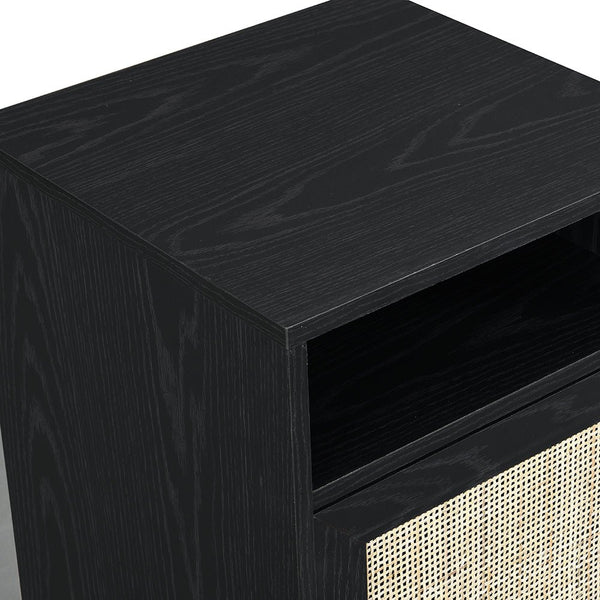 Frances Woven Rattan 1-Door Bedside Table in Black Colour