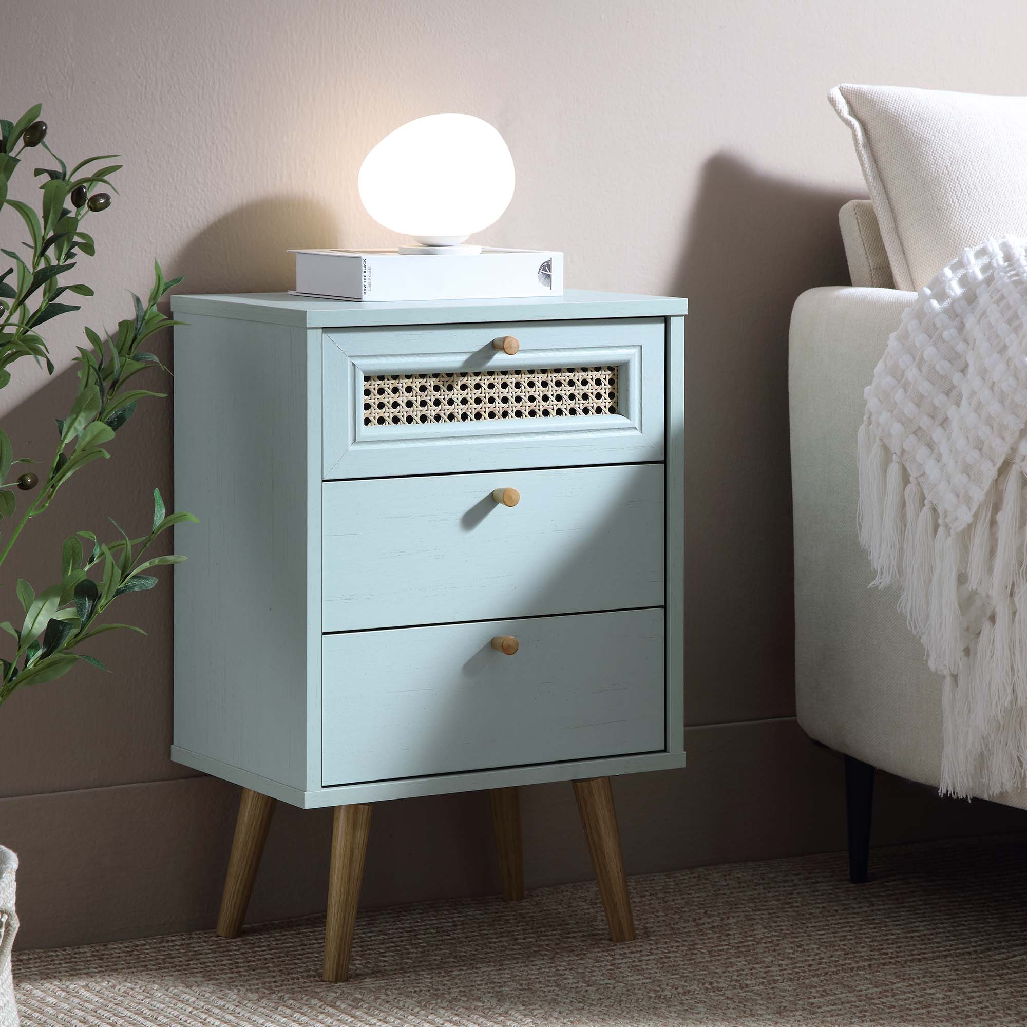 Anya Woven Rattan 3-Drawer Bedside Table in Mint Colour