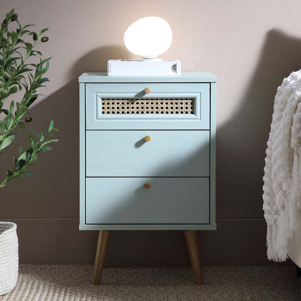 Anya Woven Rattan 3-Drawer Bedside Table in Mint Colour