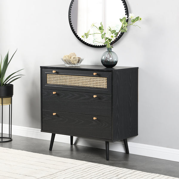 Anya Woven Rattan Chest of 3 Drawer in Black Colour