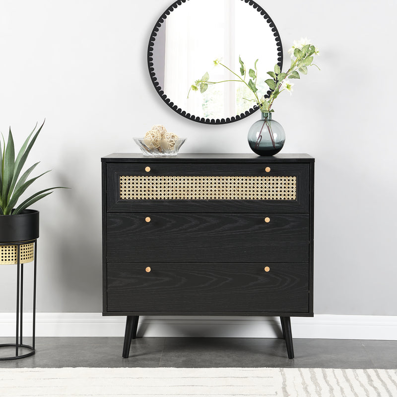 Anya Woven Rattan Chest of 3 Drawer in Black Colour - daals