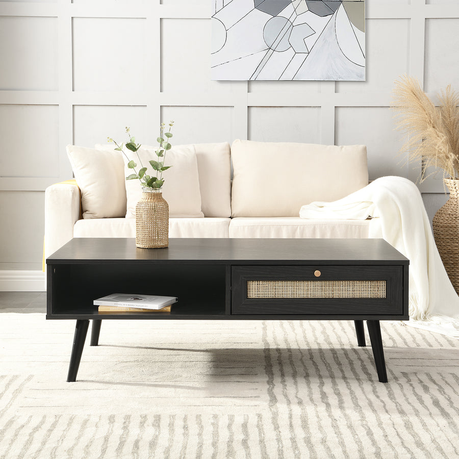 Frances Woven Rattan Wooden Coffee Table in Black Colour