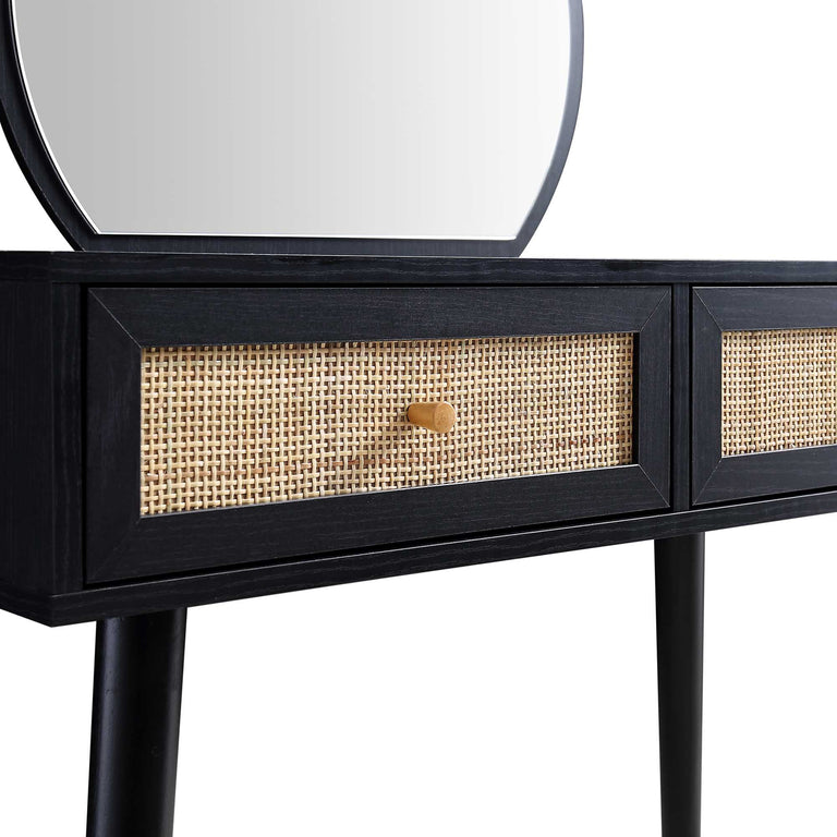 Frances Woven Rattan Dressing Table with Mirror, Black | daals