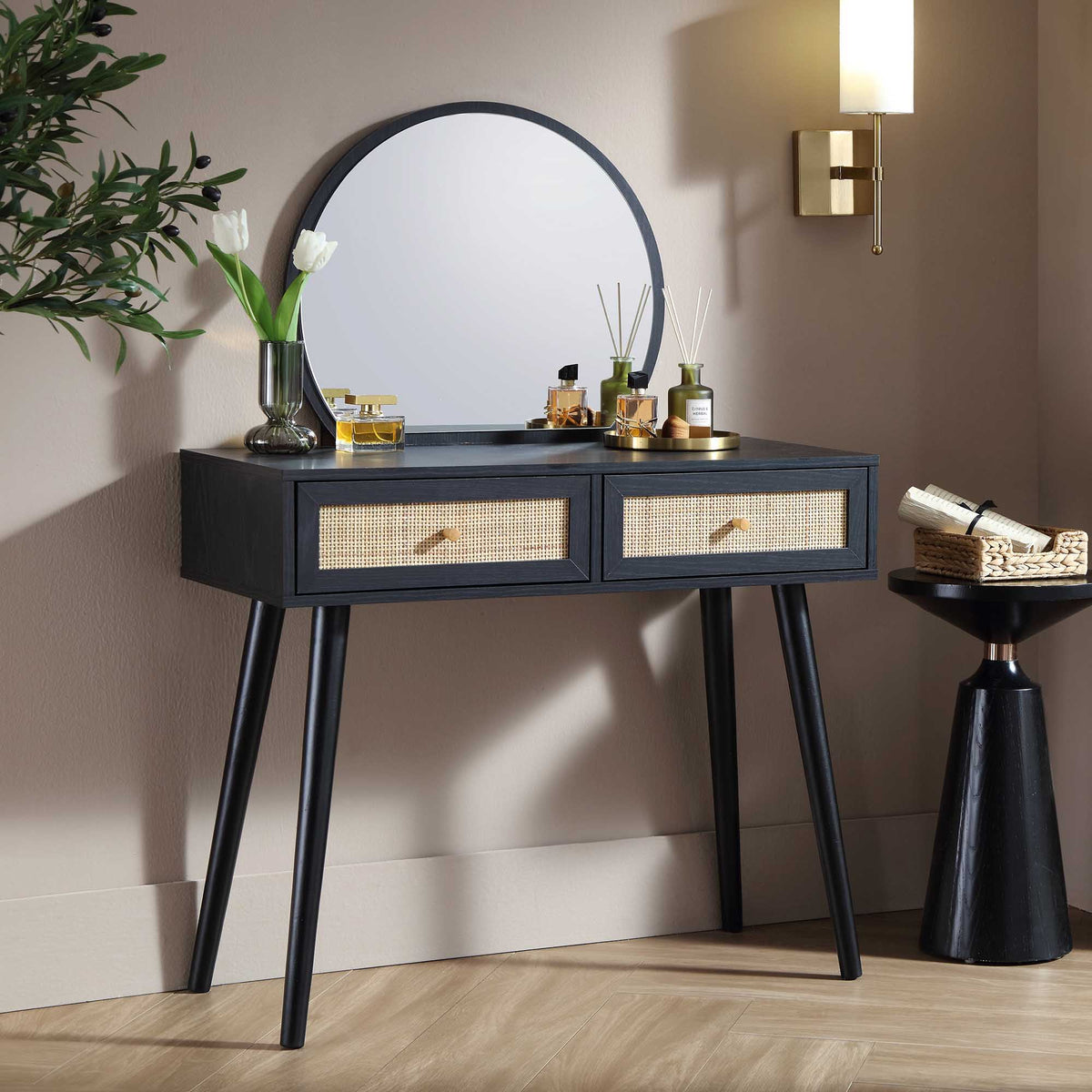 Compact Rattan Dressing Table Frances Woven Rattan Dressing Table with Mirror, Black | daals