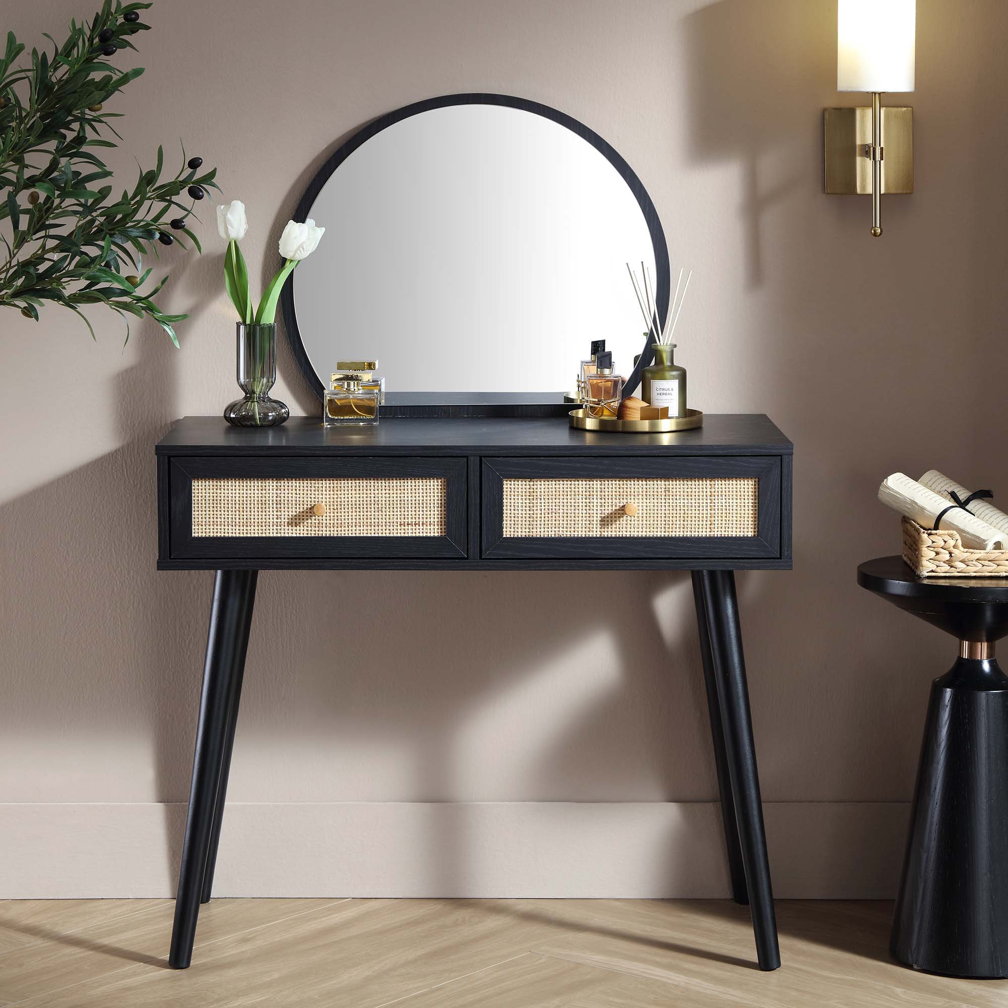 Frances Woven Rattan Dressing Table with Mirror, Black