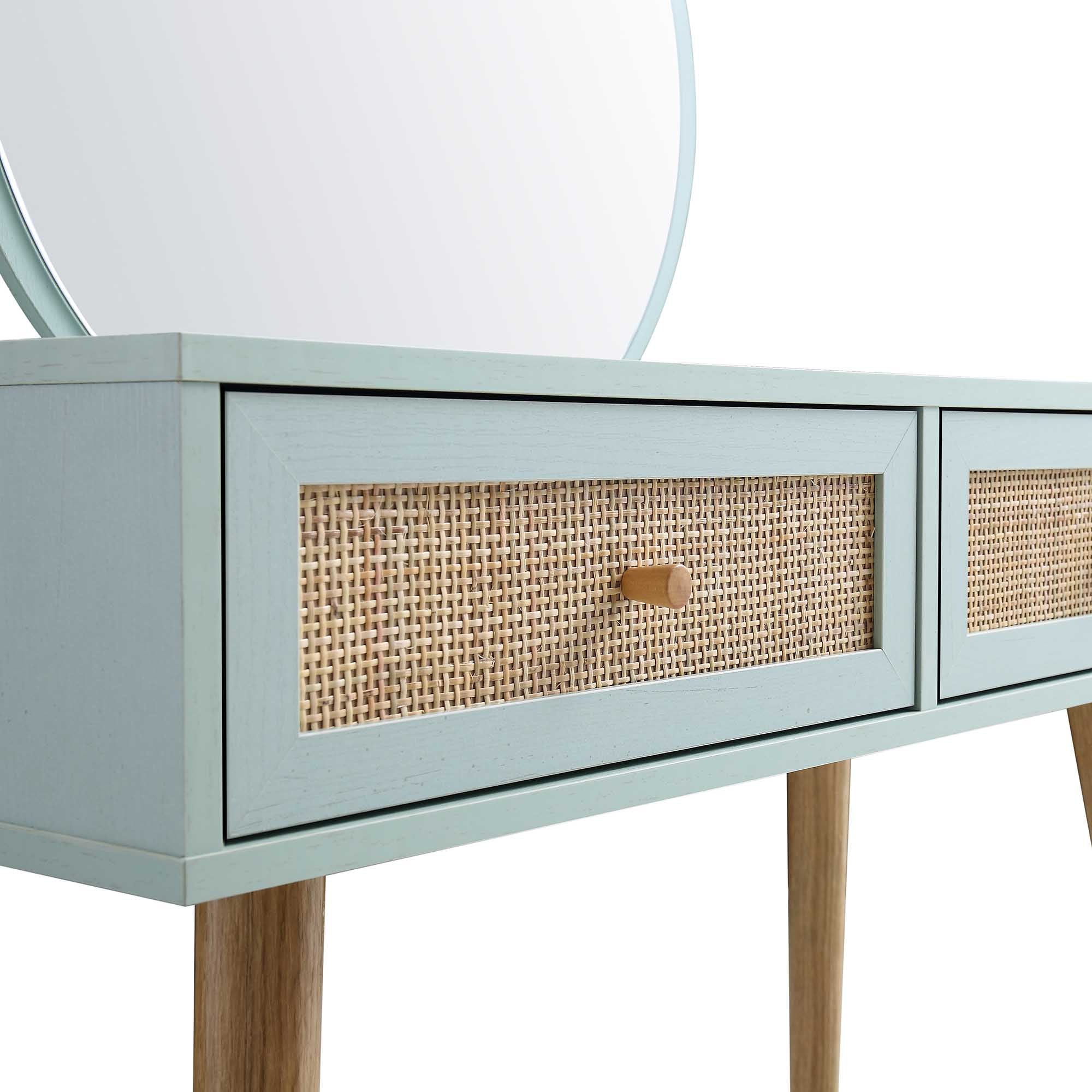 Compact Rattan Dressing Table Frances Woven Rattan Dressing Table with Mirror, Mint | daals