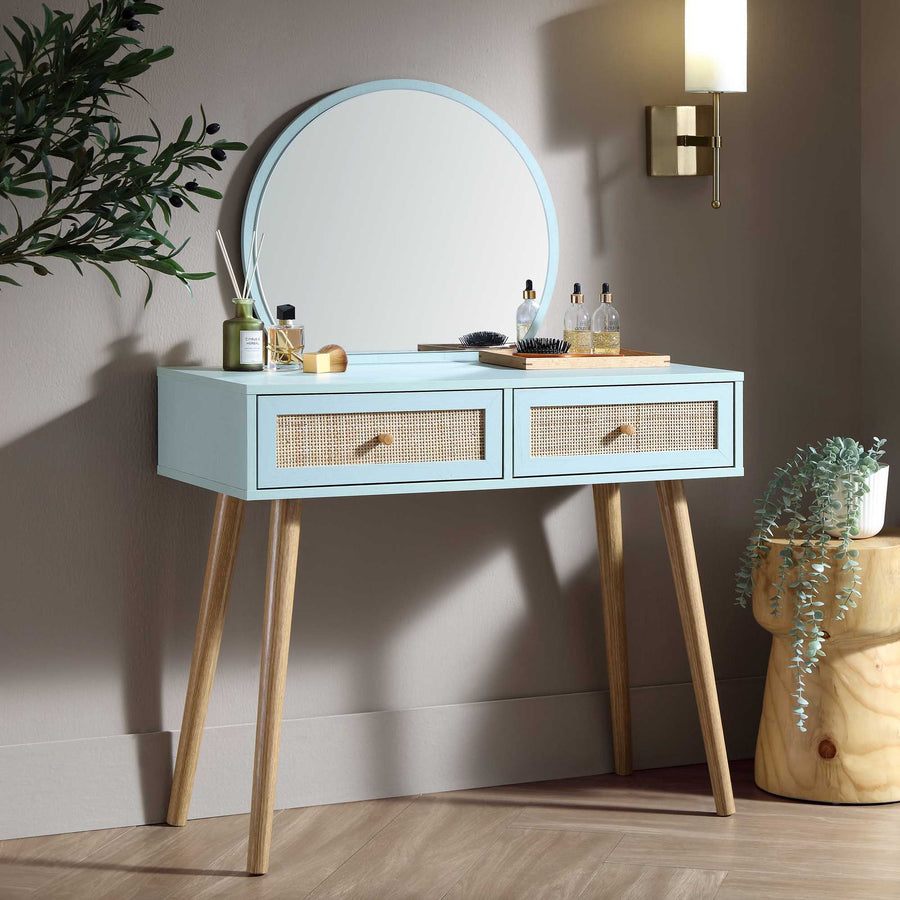 Frances Woven Rattan Dressing Table with Mirror, Mint