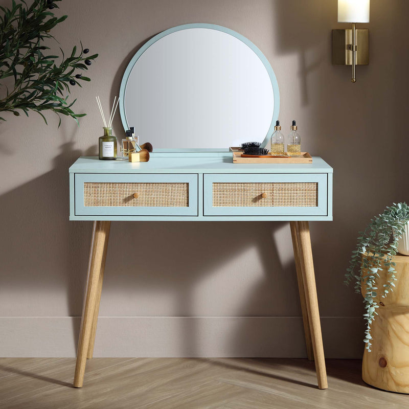 Frances Woven Rattan Dressing Table with Mirror, Mint - daals